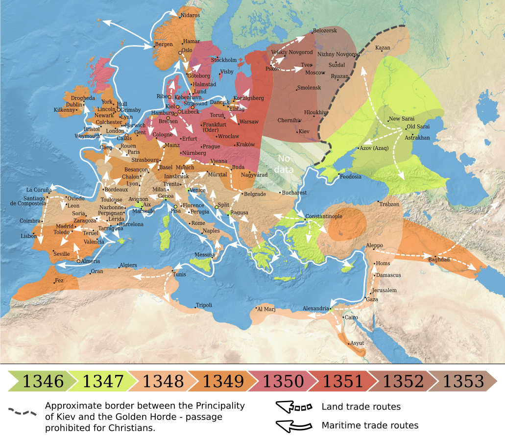 The spread of the Black Death in Europe, North Africa, and the Near East (1346–1353). Photo: Wikimedia Commons