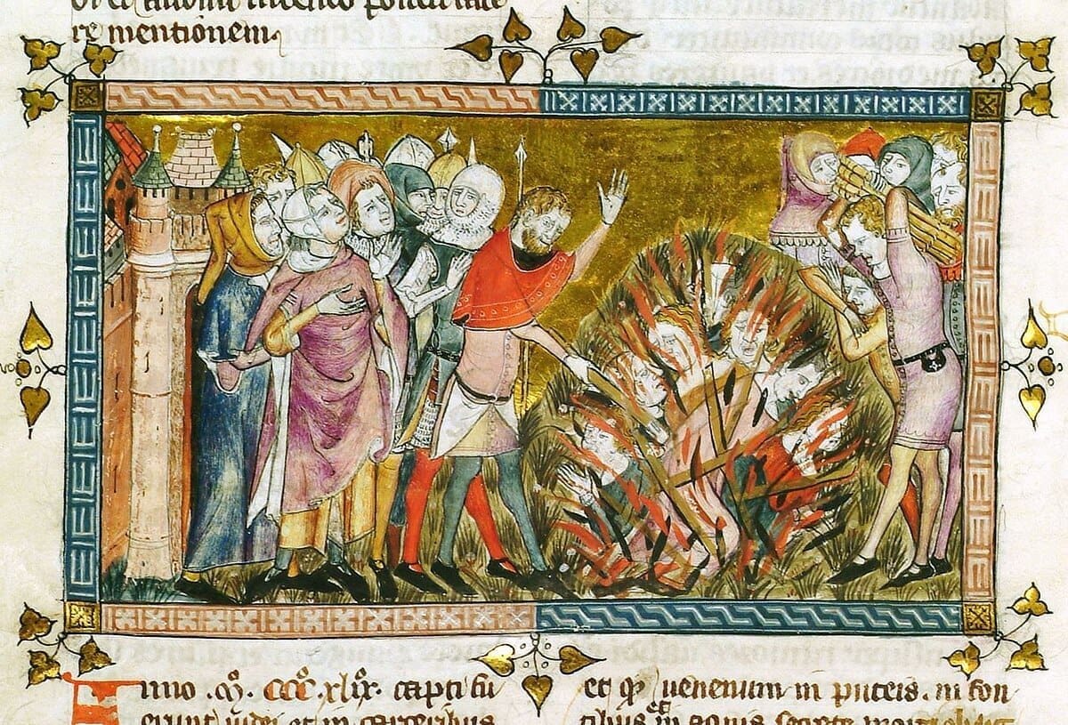 Representation of a massacre of the Jews in 1349 Antiquitates Flandriae, Royal Library of Belgium. Photo: Wikimedia Commons