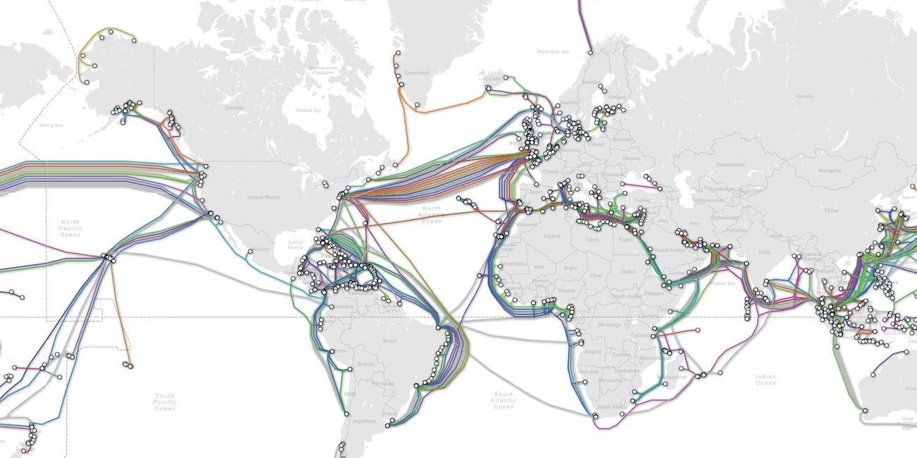 A map that shows the undersea cables that keep the internet alive. Photo: Telegeography via Business Insider
