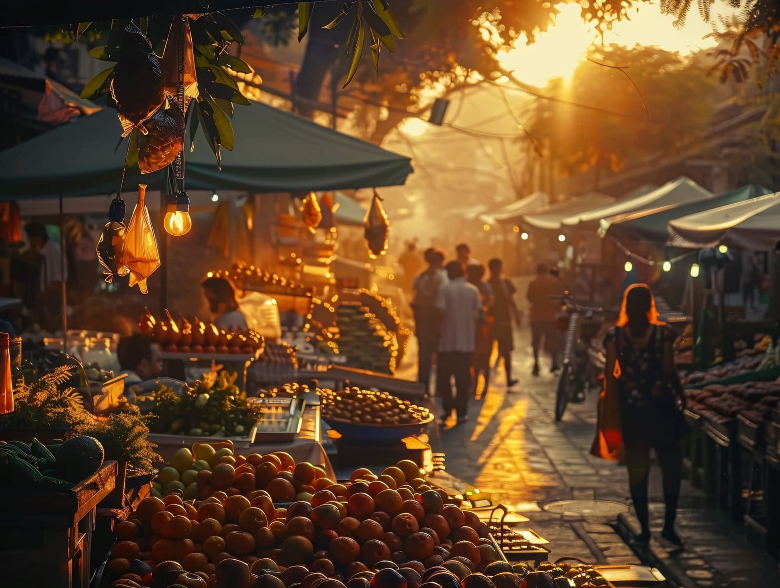Colorful East Africa street market at sunset with local vendors and organic goods