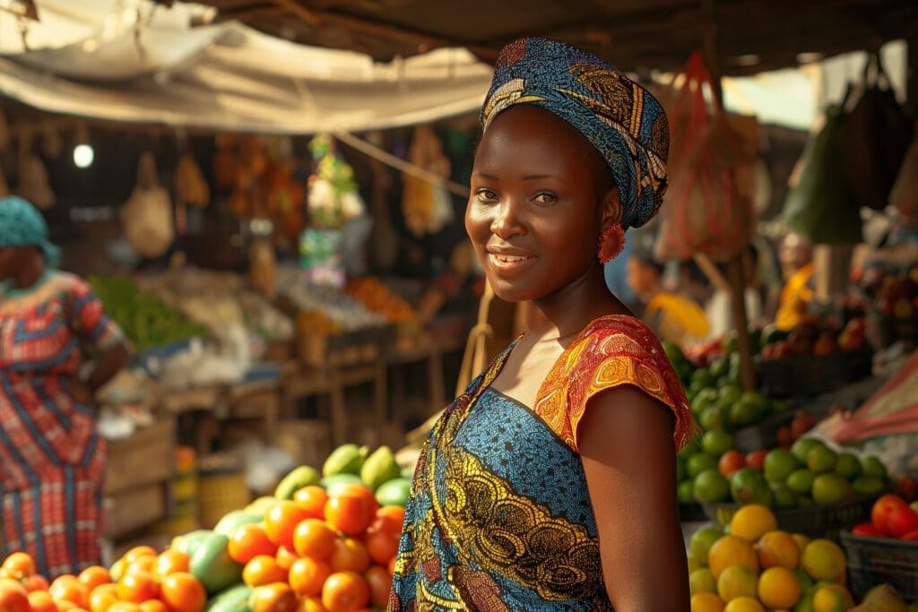 Woman in bright kitenge dress in an East Africa street market