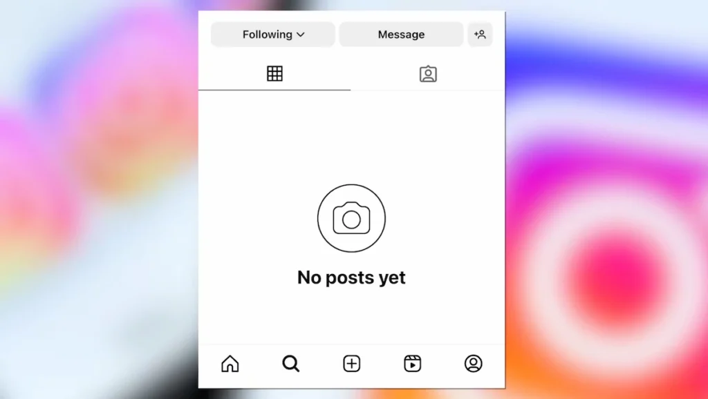 Instagram profile with no visible posts, showing a clean, empty feed.