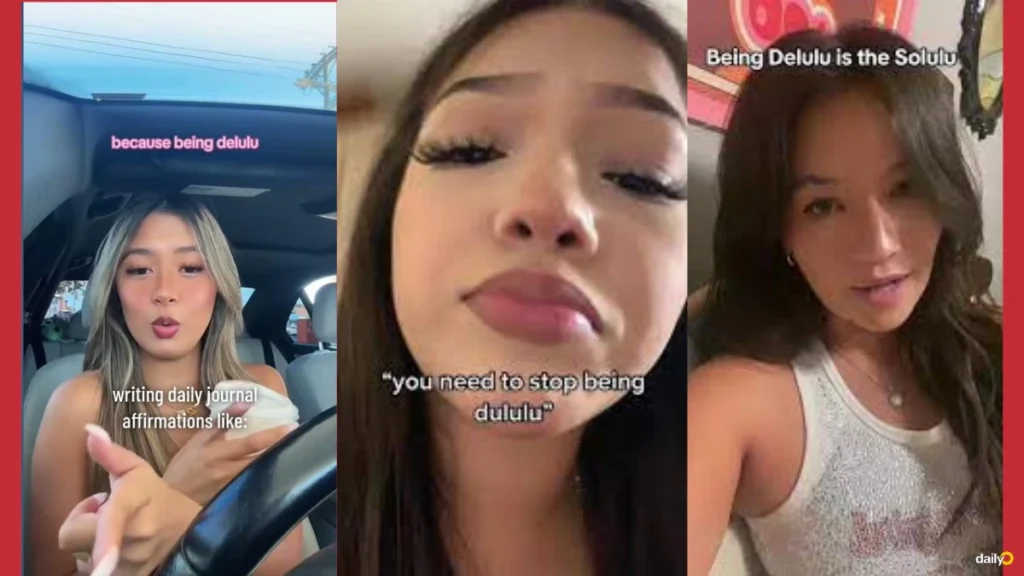 Three TikTok screenshots showing the “delulu” trend, featuring humorous captions, playful edits, and users acting out exaggerated daydream scenarios.
