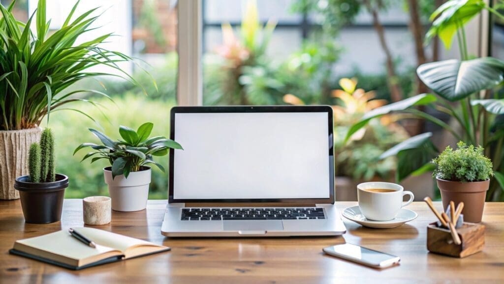 indoor desk setup with houseplants and sunlight for nature therapy