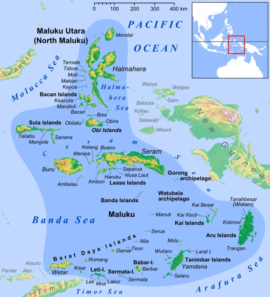 A modern map of the Maluku Islands, located in the eastern part of Indonesia and south of the Philippines. Photo: Wikimedia Commons