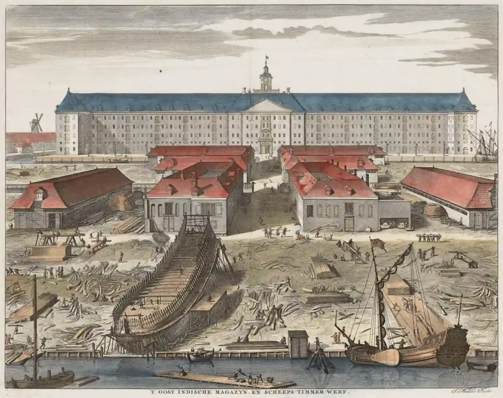 Illustration of the Dutch East India Company (VOC) warehouse and shipyard in Amsterdam. Photo: World History