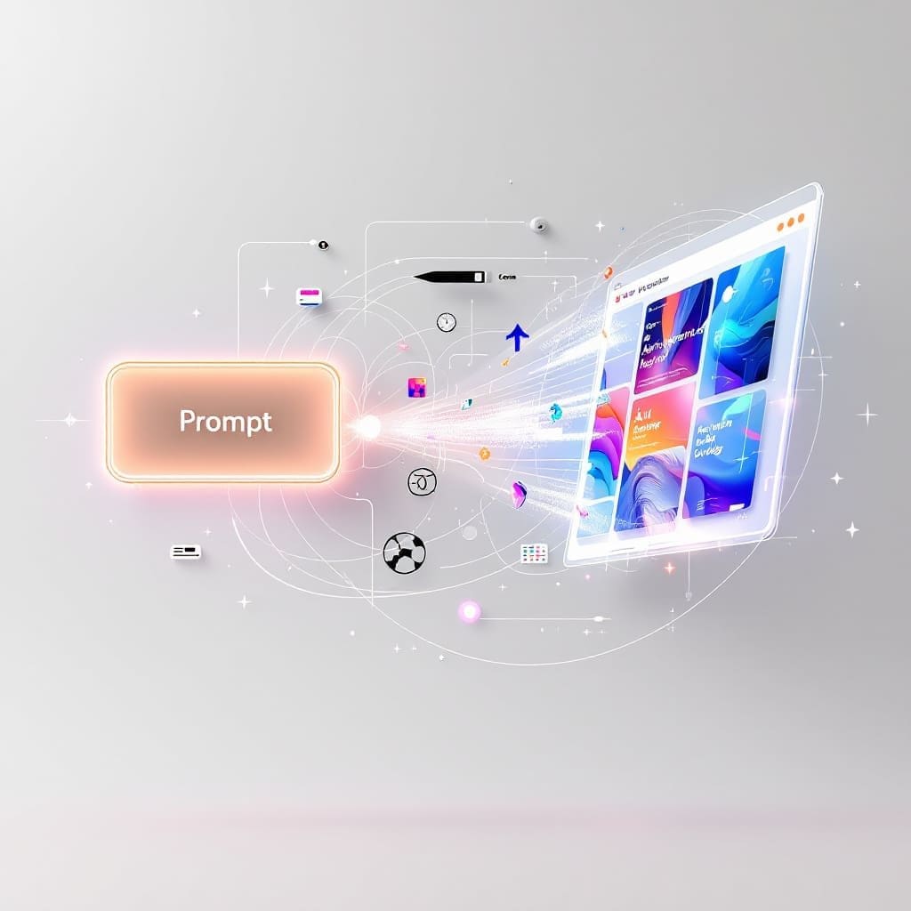 Clean modern diagram illustrating a text prompt entering an AI generator and producing a finished blog graphic, with icons representing brushes, text, and color adjustments, created by Right Blogger (https://rightblogger.com/)