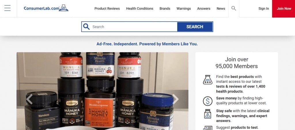 The home page of ConsumerLab.com, an independent third-party testing company