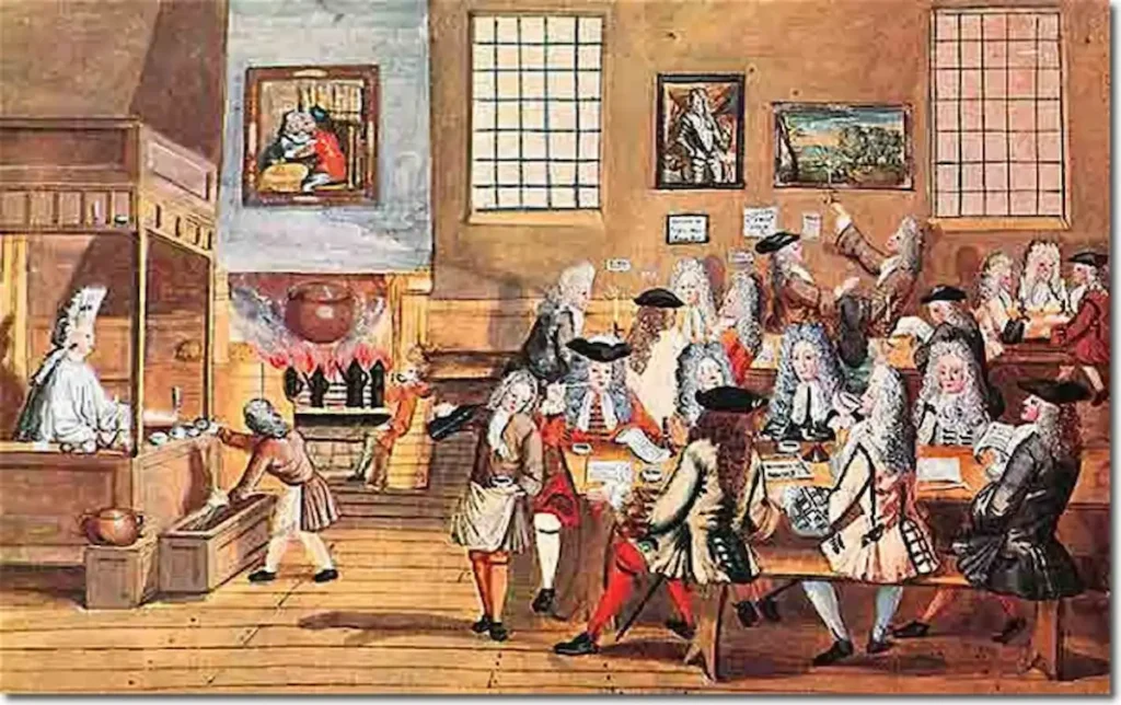 Vintage illustration of people gathered in a 17th-century European coffeehouse, known as a “penny university.
