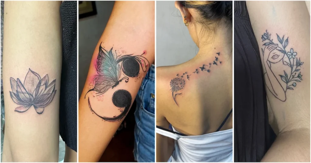 Butterfly, semicolon, lotus, dandelion, and girl-with-leaves tattoos representing healing and growth.