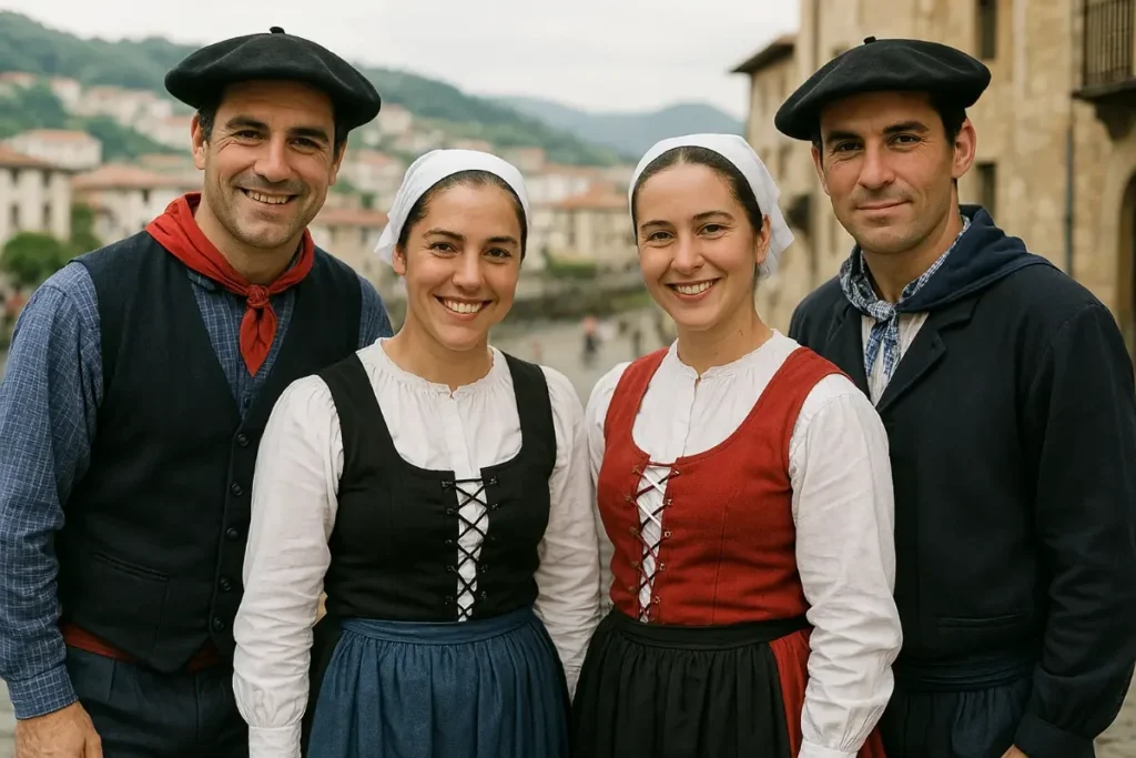 Basque people herding sheep in the rural mountains of northern Spain, representing traditional Basque culture.