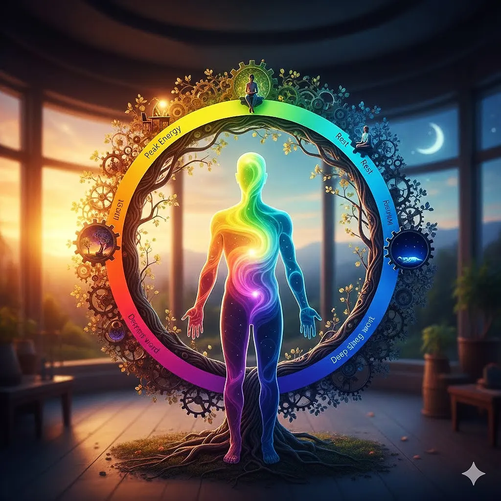 A minimalist and artistic illustration showing a subtle, sinusoidal curve (a wave or rhythm) overlaid on a faint background of a clock face or gear mechanism. The curve is gently shaded from cool blues to warm yellows, representing the natural cycle of energy and focus throughout the day.