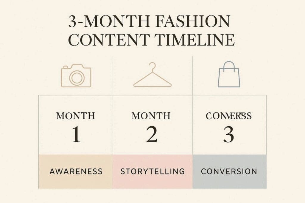 Three-month social media content timeline showing awareness, engagement, and conversion phases for fashion campaigns.