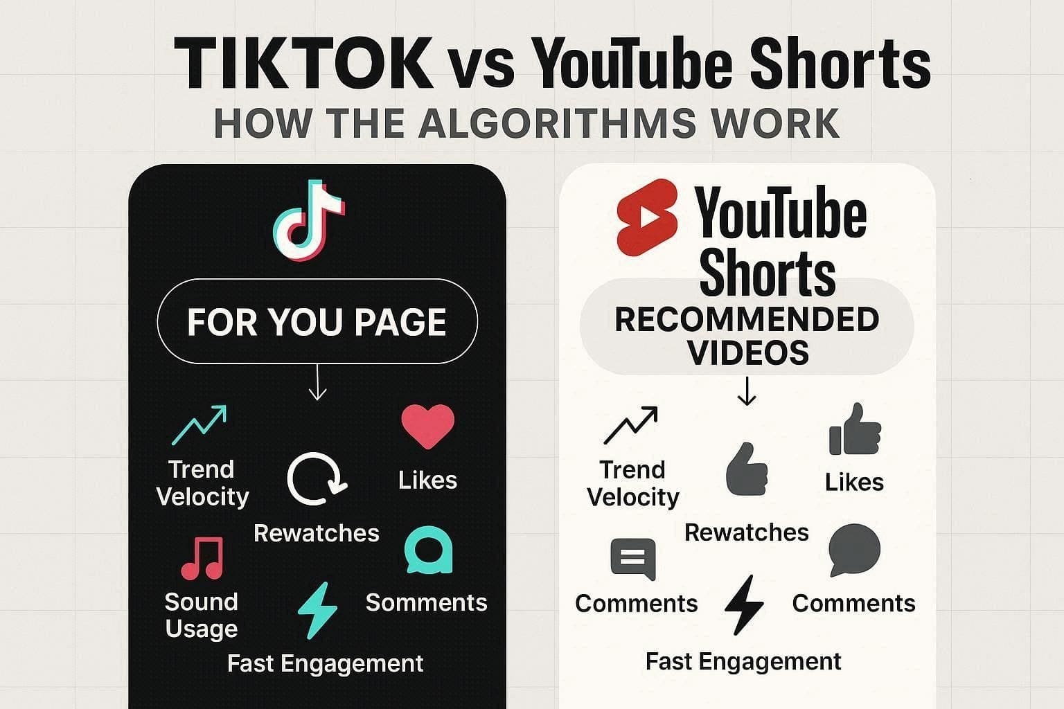 Side-by-side comparison of TikTok and YouTube Shorts algorithm flow, showing how each platform recommends and boosts videos.