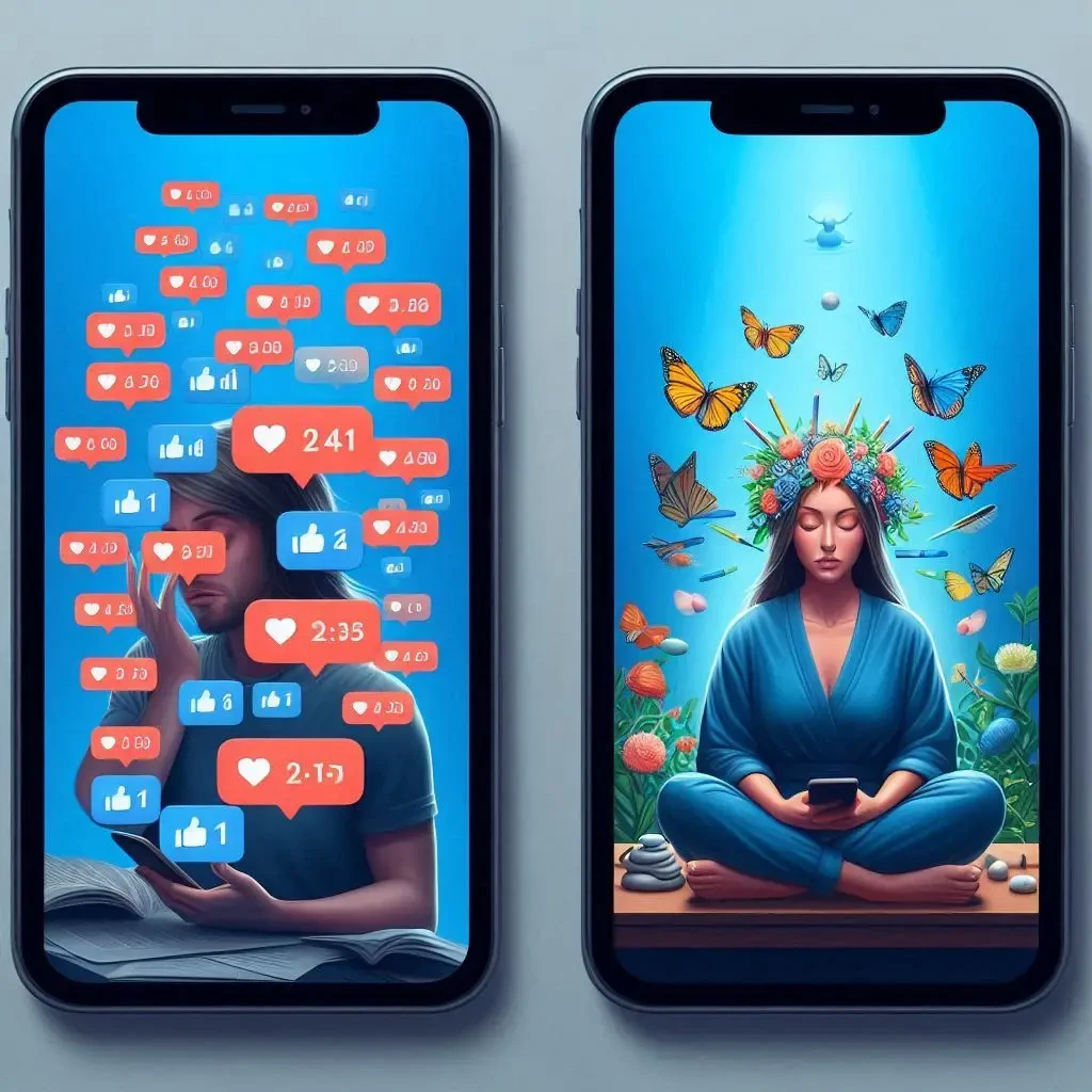 Split-screen showing a content creator on one side overwhelmed by notifications and digital chaos, and on the other side calm and focused while creating peacefully, symbolizing the contrast between mindless consumption and healthy social habits.