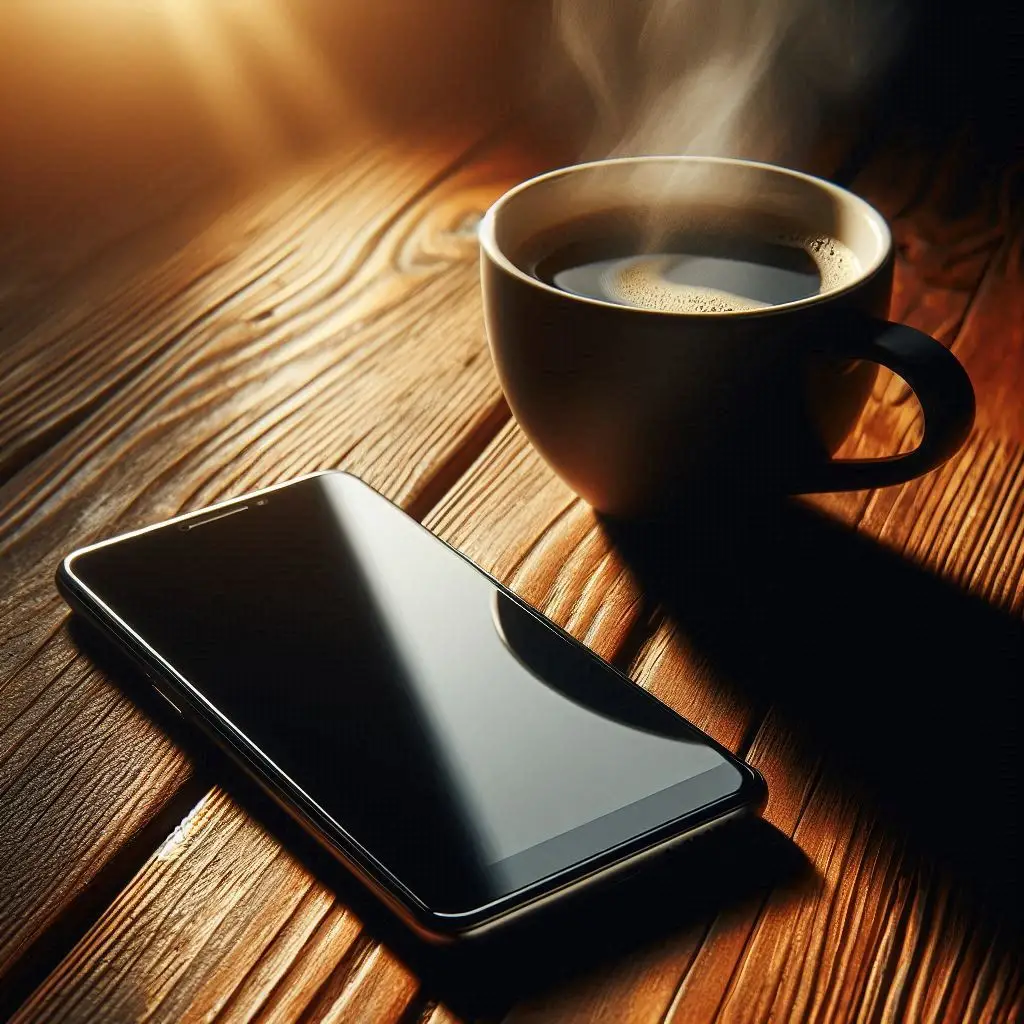 Minimal workspace with coffee on the table and a silenced phone symbolizing calm and control.