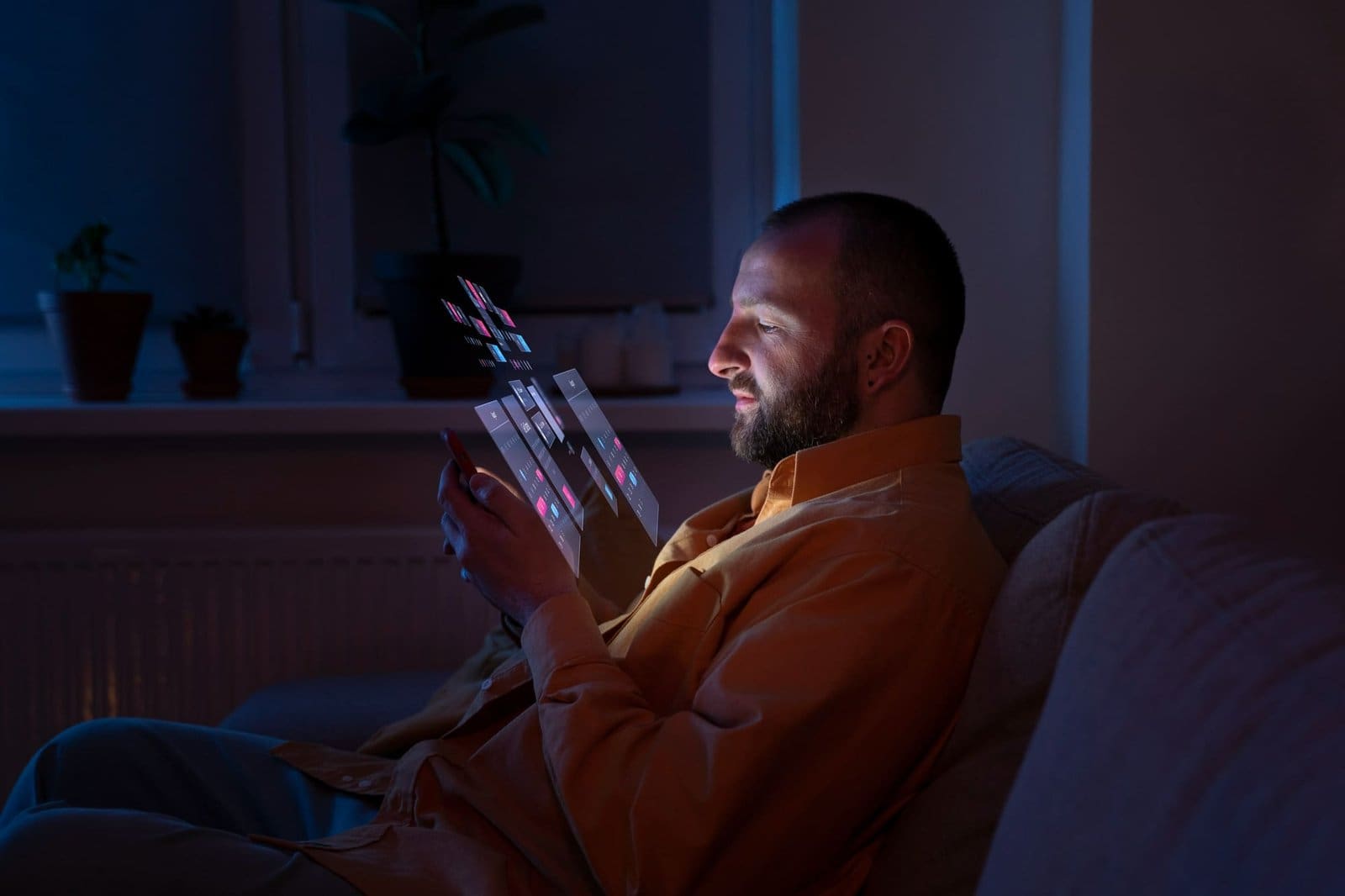 A man surrounded by floating video screens, symbolizing video’s impact on daily life and mental health in 2025
