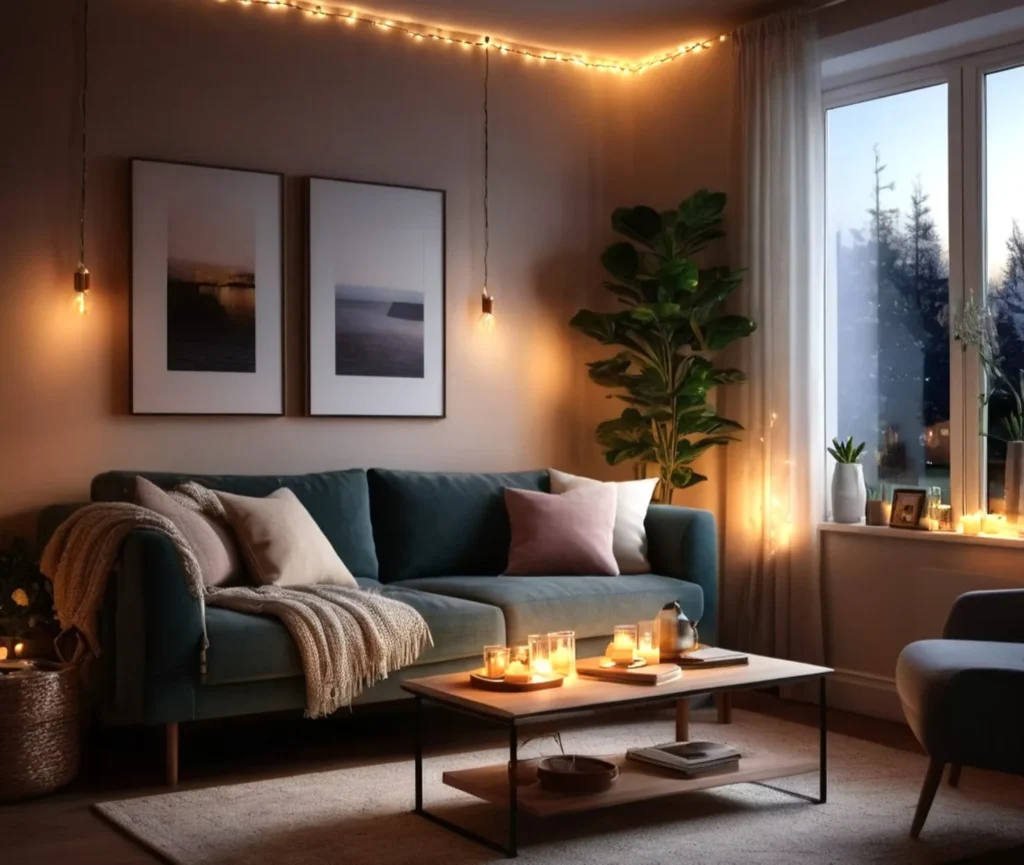 An ambient living room decorated for a cozy evening. A teal sofa is piled with pillows and a chunky knit blanket. The room is softly illuminated by string lights along the ceiling, two hanging Edison bulbs, and multiple glowing candles placed on the coffee table. Outside the large window, a dark, wintry landscape is visible, contrasting with the warm, inviting interior.