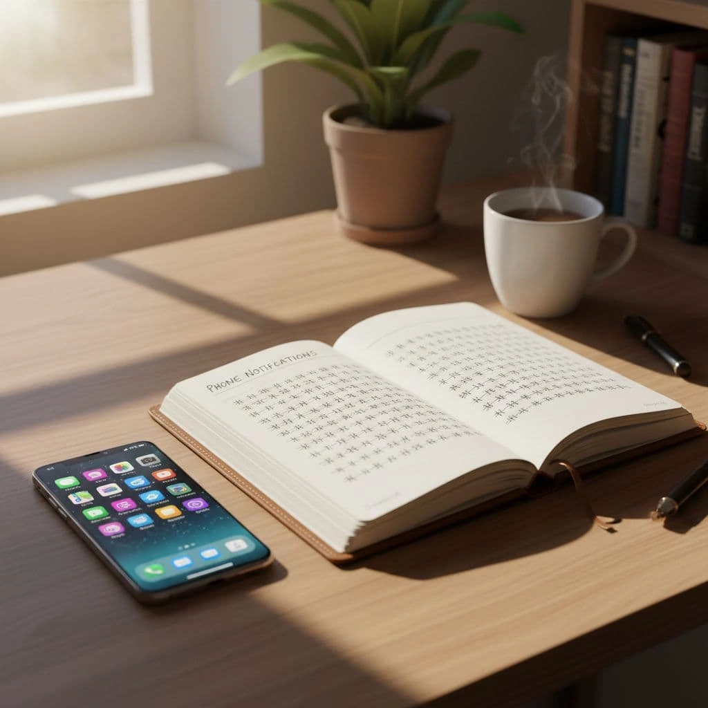 Flat lay of a journal beside a silenced phone, symbolizing reflection.