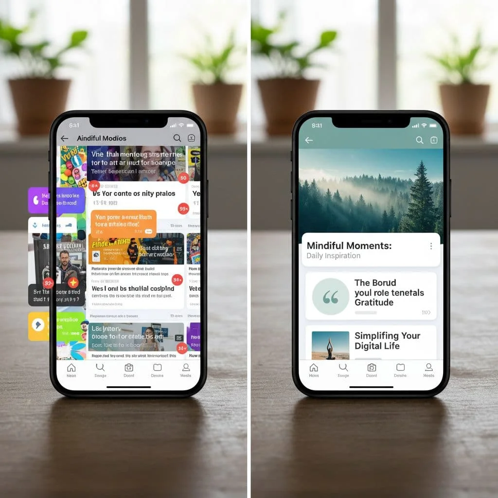 Side-by-side smartphones showing a cluttered social media feed versus a minimalist, curated one, representing mindful digital consumption and balanced screen habits.
