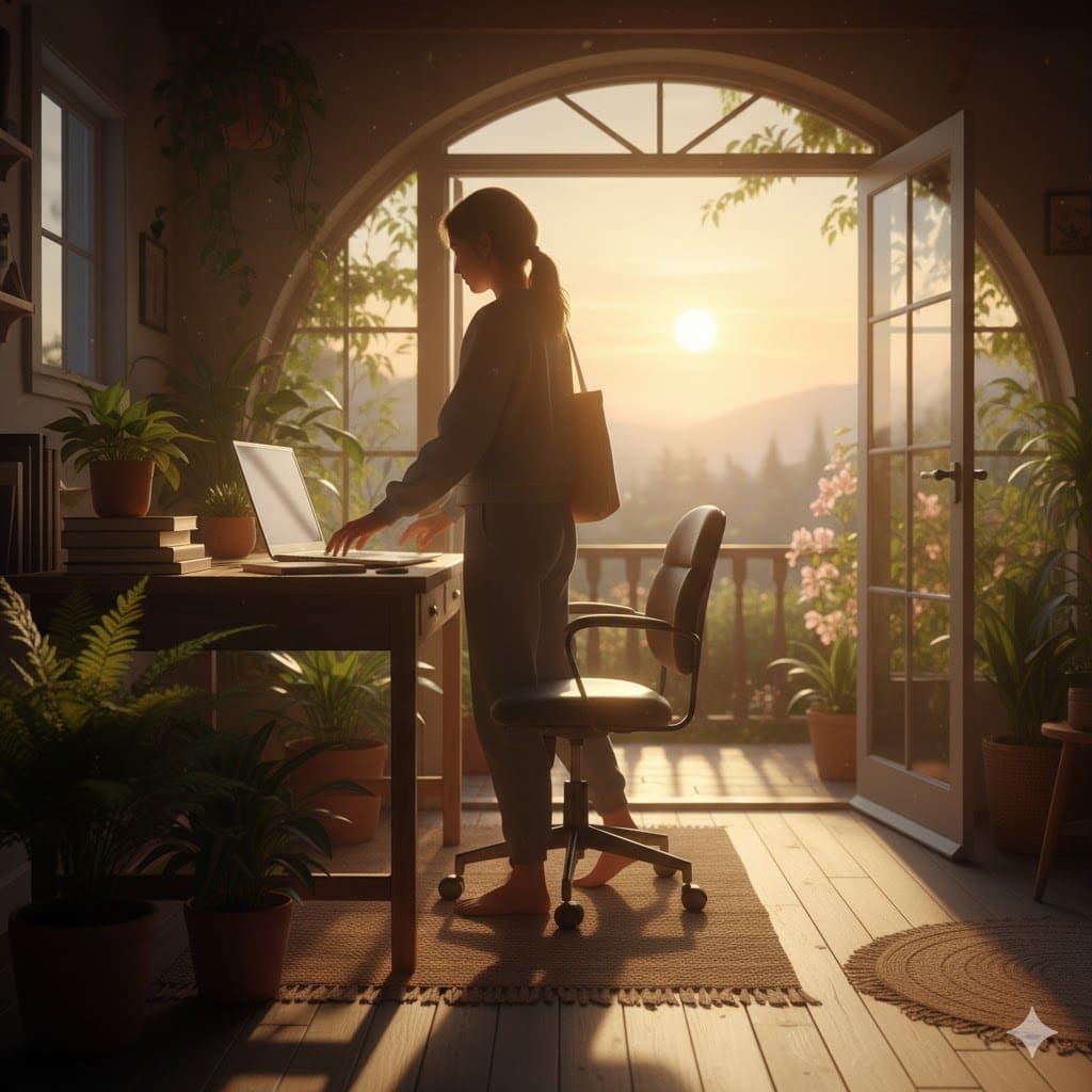 A creator closing their laptop and walking outside as morning light fills the room.
