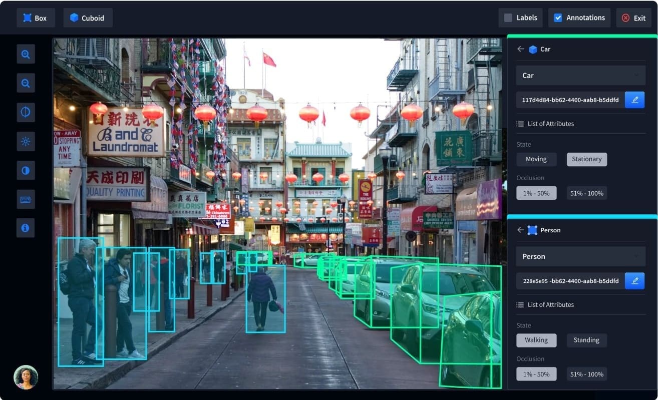Street scene with bounding boxes showing data annotation for AI, labeling cars and people in an annotation tool interface.