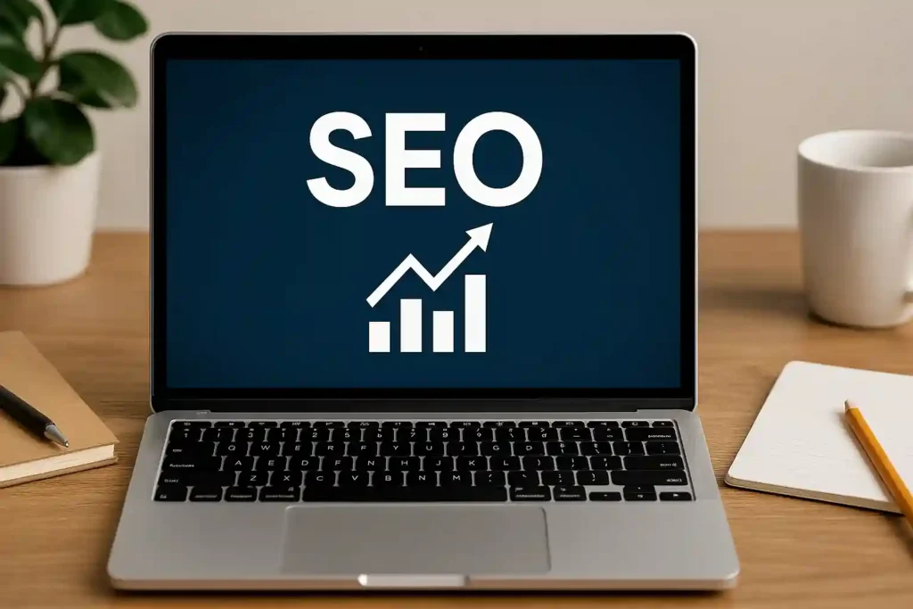 Laptop screen displaying the word “SEO” with an upward-trending arrow graph, symbolizing blog growth and optimization.