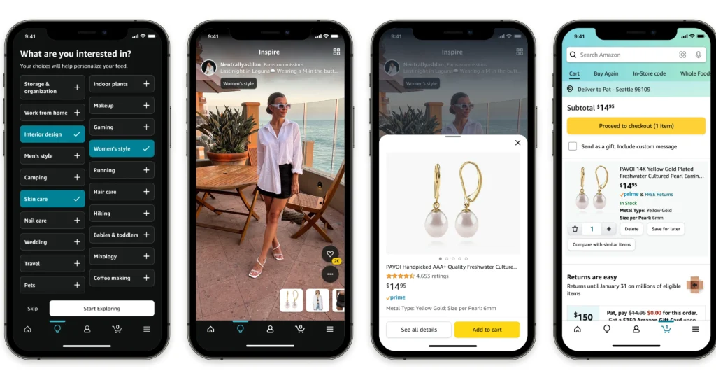 Comparison of Amazon’s intent-driven shopping versus TikTok Shop’s discovery-driven, influencer-led shopping experience.