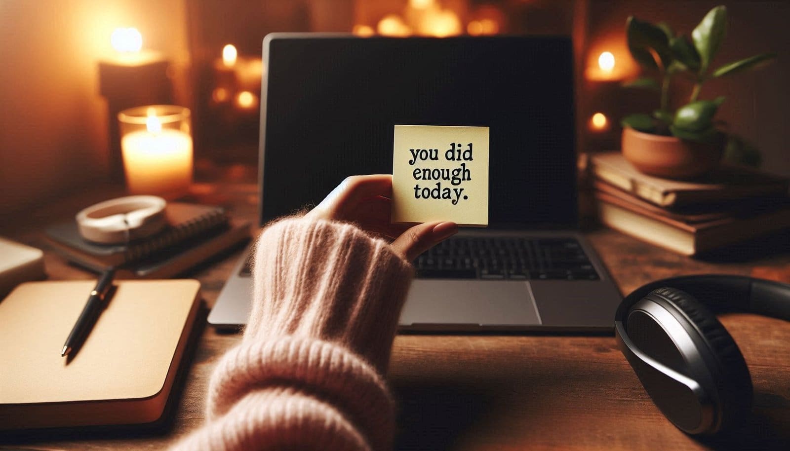 Stress check reminder for solo creators shown on a sticky note that says you did enough today