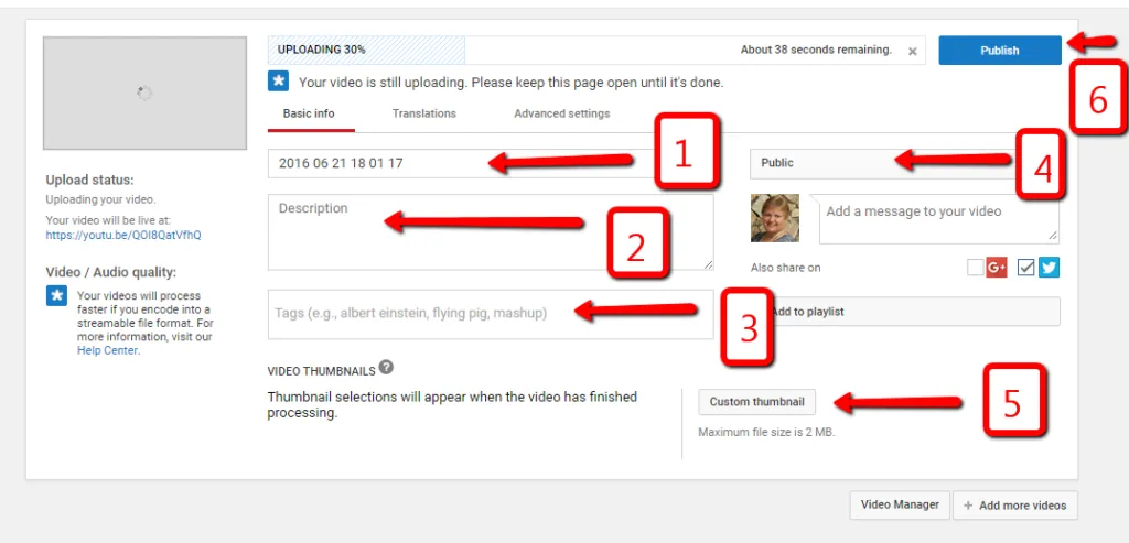 Screenshot of an older YouTube Studio video upload interface showing numbered arrows pointing to the title, description, tags, privacy setting, custom thumbnail upload button, and the final publish button.
