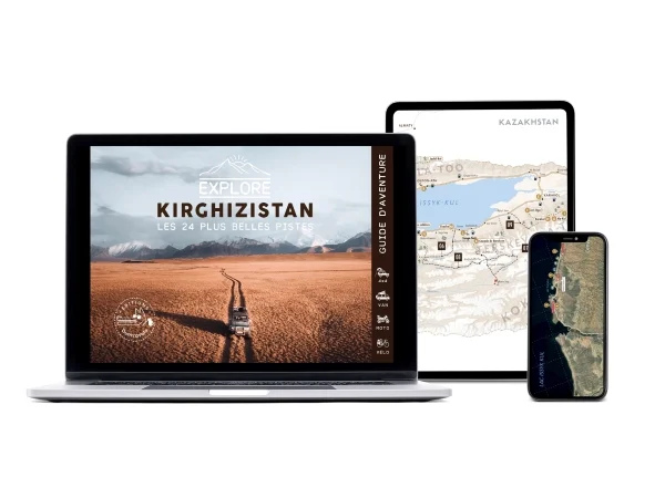 A laptop, tablet, and smartphone display a travel app interface: a desert landscape on the laptop with text, a map on the tablet, and a map/earth image on the phone.