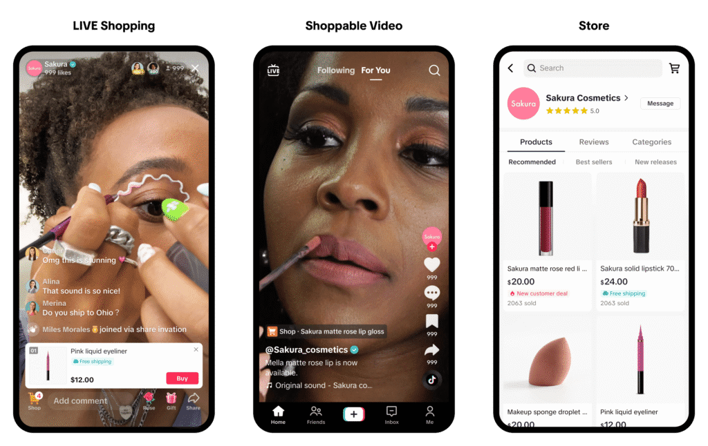 TikTok Shop interface showing product tags, in-app checkout, and creator livestream engagement features.