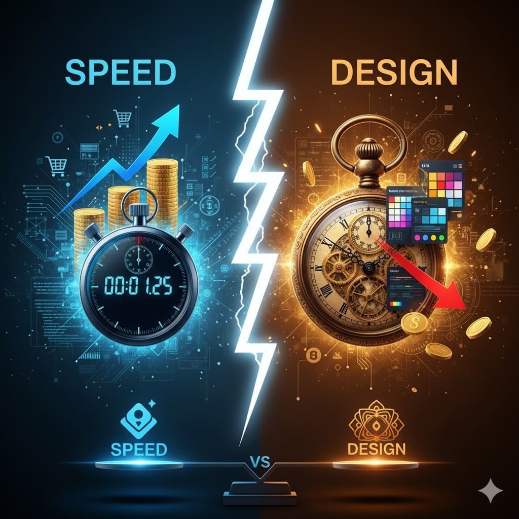 Digital image showing a high-speed stopwatch dial battling slow-moving, ornate design elements, illustrating the choice between speed and heavy aesthetics for landing page conversion.
