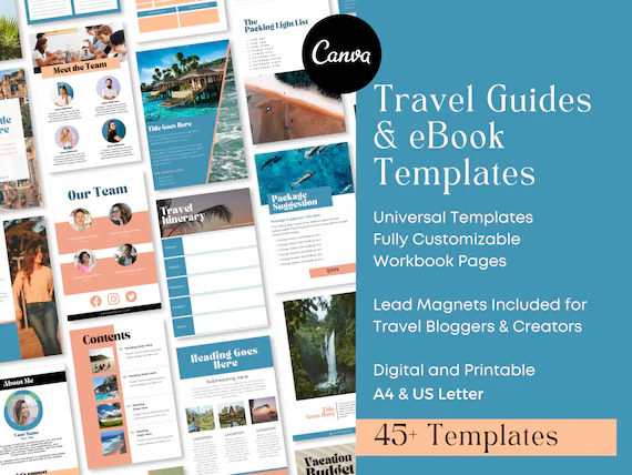 A collection of travel brochure templates on the left, with a blue canvas on the right showing the title ‘Travel Guides & eBook Templates’ and ‘45+ Templates