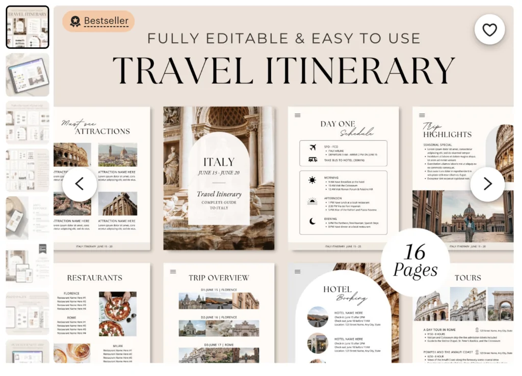 Preview of a travel guide template collection: pages with attractions, day-by-day schedules, and hotel options.
