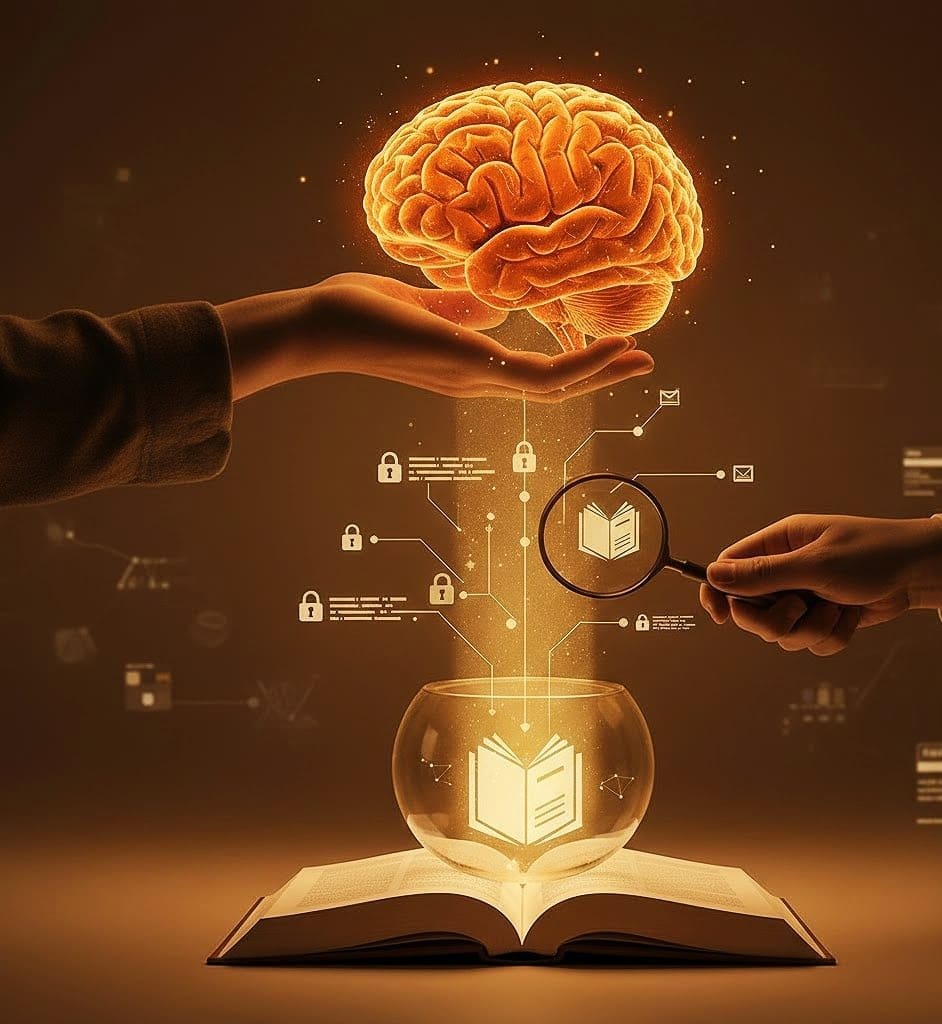Abstract, digital art showing a glowing human brain held over a system of connected data streams and locks. A hand holding a magnifying glass is inspecting a digital book icon within a data flow, symbolizing the necessity of human verification, critical thinking, and intellectual security (locks) when processing information from a generative source.
