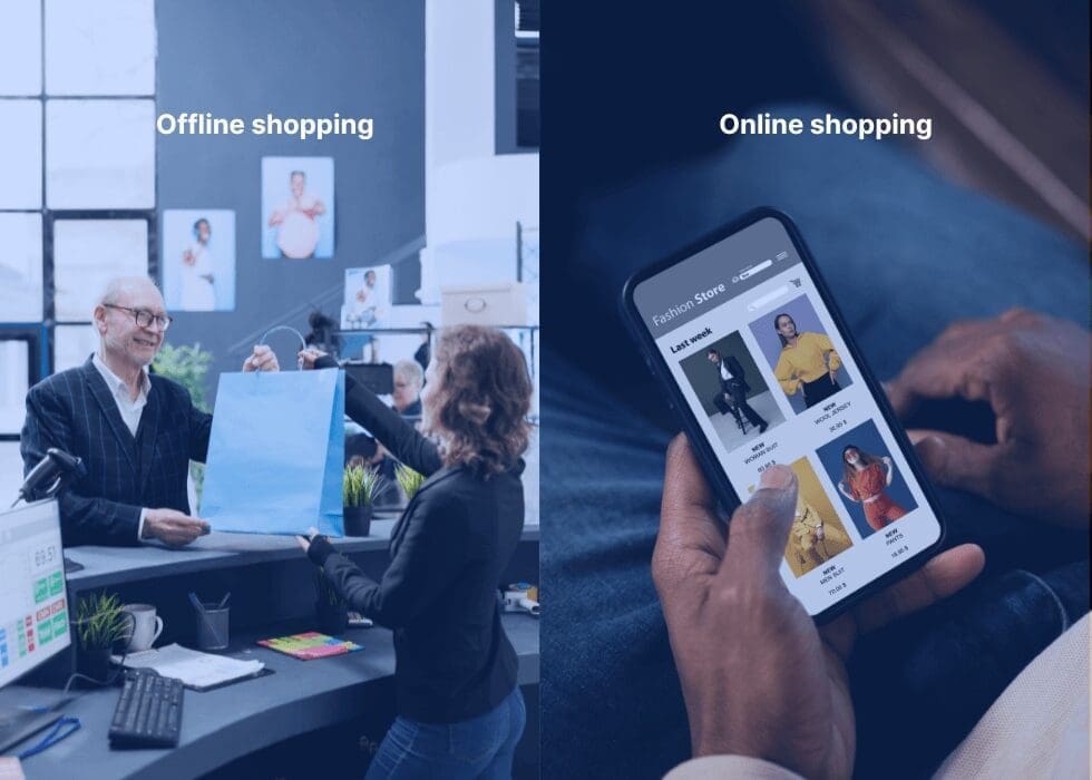 Comparison of online shopping on a smartphone versus walking through a busy mall, highlighting the convenience and instant gratification of digital browsing.