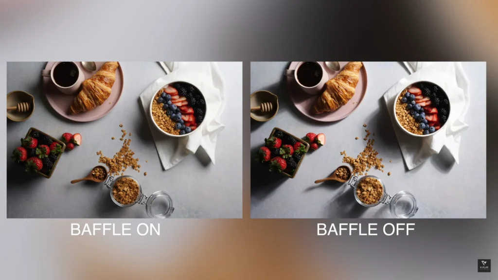 Comparison of a plated dish under side lighting and backlighting, showing enhanced textures and colors.