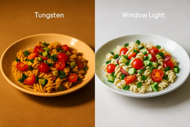 Side-by-side comparison of poorly lit and well-lit food, highlighting common lighting mistakes in photography.