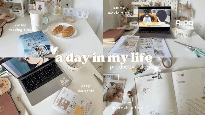 A lifestyle creator’s hands arranging coffee, journal, and decor on a table, captured from a top-down POV for a minimalist, faceless content setup.